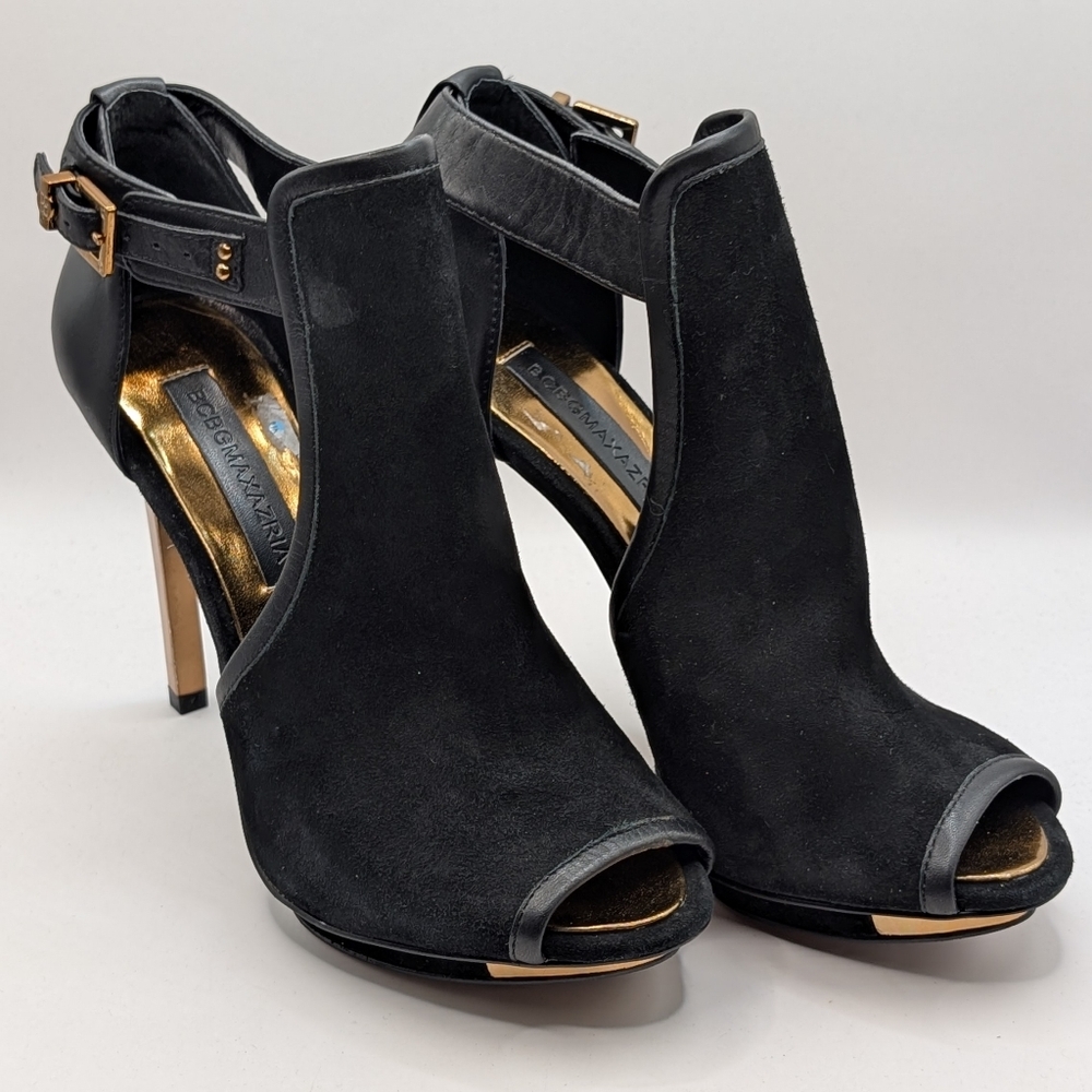 BCBG Max Azria Ma-Laleh Black Suede Gold Metallic 6